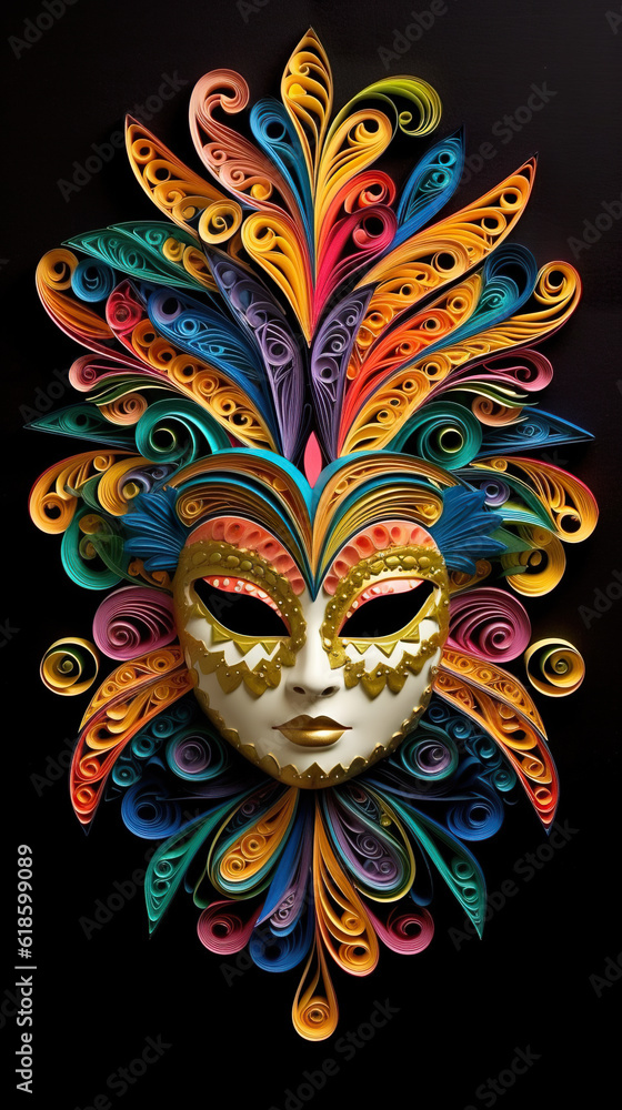 Poster a colorful mask with feathers on a black background. generative ai.