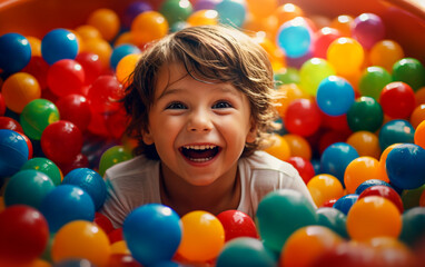 Fototapeta na wymiar Cute and smiling child has fun and jumps into the tub full of colorful balls. Happy and smiling