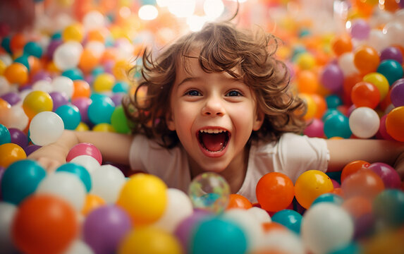 Cute and smiling child has fun and jumps into the tub full of colorful balls. Happy and smiling