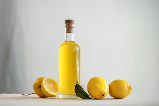 A bottle of limoncello and lemon on light rustic background. Lemon liqueur. Generative AI