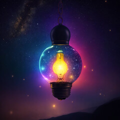 A glowing idea bulb suspended in a starry night sky, its bright colors illuminating the darkness