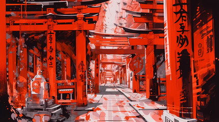 Illustration of beautiful view of Fushimi Inari-taisha, Japan