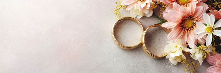 Wedding rings with flowers, poster with copy space - Generative AI