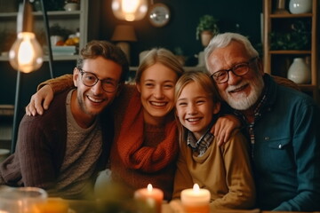 Three generation caucasian family gathering at home