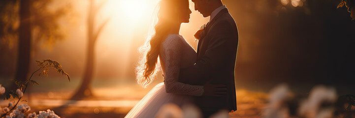 A wedding couple, poster with copy space - Fictional Person, Generative AI