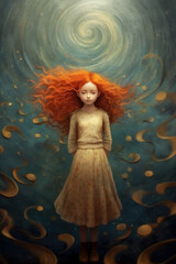 A whimsical girl standing in front of it's swirling vortex