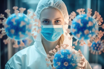 Doctor with face masks looking at camera, corona virus concept. Generative AI