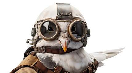 Dove with old airplane pilot helmet. Generative AI.