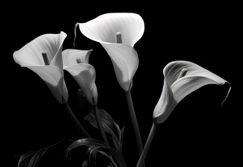 Calla flowers on the dark background place for a text. Created with Generative AI technology.