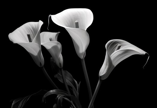Calla flowers on the dark background place for a text. Created with Generative AI technology.