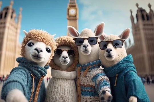 Funny llamas in sunglasses with Big Ben in the background