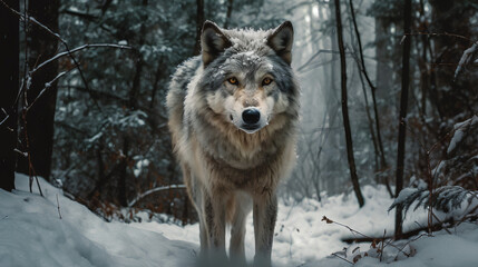 Fototapeta na wymiar Wolf in the snow forest 