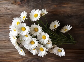 Obraz premium A bunch of white daisy flowers on rustic chalkboard table surface, with blur copy space background. Created with Generative AI technology.