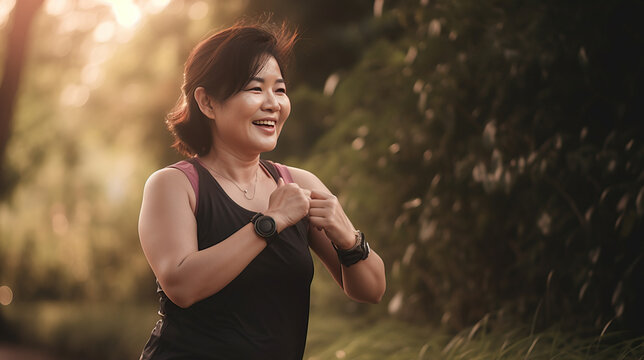 Asian woman, she's 50 year old, beautiful eyes, healthy women smiling in a Yoga Sport wear, headsetSmartwatch. running outside on sunny day. full-body photo generativeAI