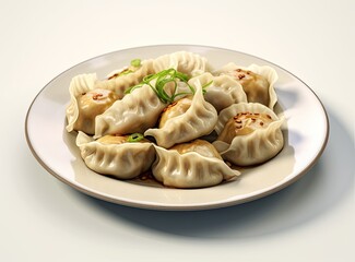 Boiled dumplings on a white plate close-up. Russian cuisine. Isolated image. Created with Generative AI technology.