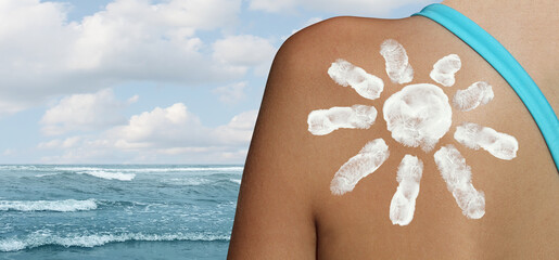 Sunscreen or Suncream SPF as sunblocks or Sun screen on the beach to help prevent skin cancer as...