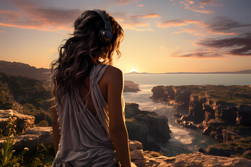 Fototapeta premium Woman wearing headset and exploring the sea from the edge, generative AI