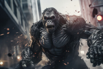 Fototapeta na wymiar Angry robo gorilla wrecking a city. Generative AI