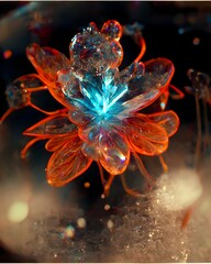 macro photography transparent ice flowers ultra bright luminescent complimentary colors inner pink neon glow transparency bubbles explosions cinematic ornate clouds glowing hot embers many intricate 