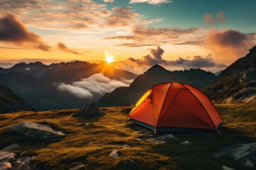 A tent in the mountains at sunset, hiking, adventure, vacation, generative ai