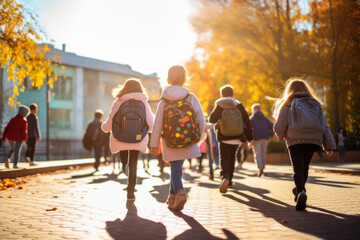 Back to school. Kids with backpack going to school together in vintage color tone. Created using AI tool