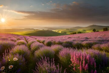 Plakat lavender field at sunset Generated Ai