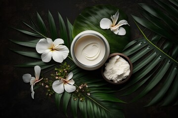 Coconut Oil or Cream tropical leaves and flowers generated by AI