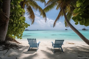 Chairs In Tropical Beach With Palm Trees On Coral Island generated by AI