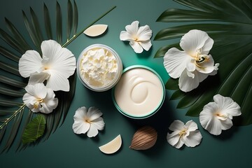  Coconut Oil or Cream tropical leaves and flowers generated by AI