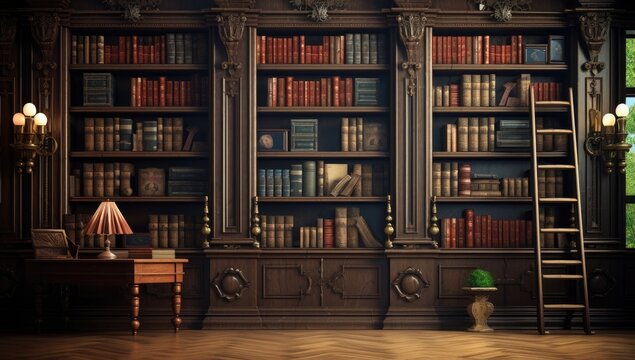 old library bookshelf with old wooden floor Generative AI