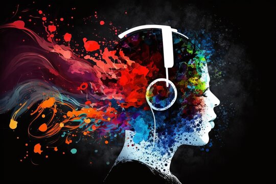 Creative music background. Colorful head wearing headphones generated by AI