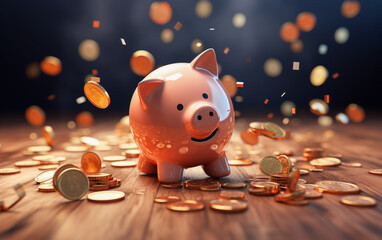 A cute piggy bank smiles under a shower of gold coins - obrazy, fototapety, plakaty