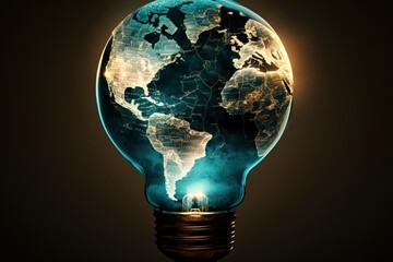 glowing light bulb with a world map generated by AI