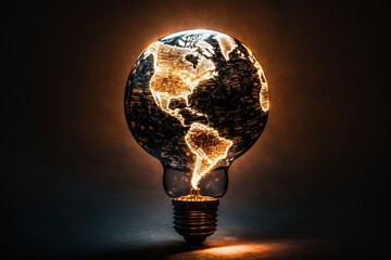 glowing light bulb with a world map generated by AI