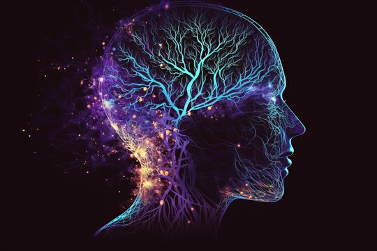 Human head with glowing neurons in brain generated by AI