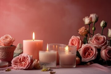 Obraz na płótnie Canvas Scented candles and roses on a white table against generated by AI