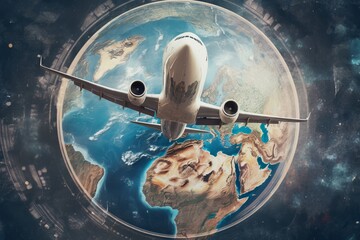 Travel by airplane around the Earth art collage generated by AI