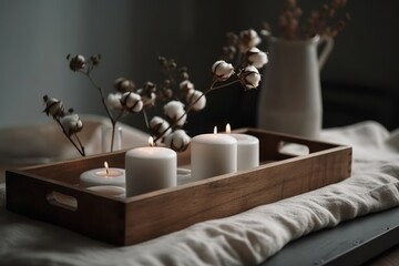 Wooden tray with burning candles standing on a white table generated by AI