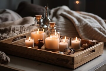 Wooden tray with burning candles standing on a white table generated by AI