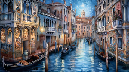 Illustration of the beautiful city of Venice. City of gondoliers, bridges, carnivals and love. Italy