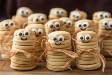 Cute mummy Halloween cookies with smiling faces