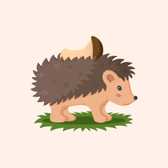 Cartoon hedgehog. Little forest animal with mushroom. Agaric on spiny needles. Cute porcupine. Woodland urchin. Funny mammal. Wildlife nature. Childish zoo character. Vector illustration