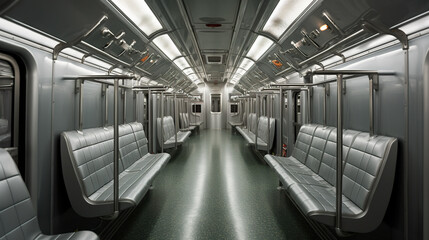 Obraz premium A long empty train car filled with lots of seats. Generative AI.