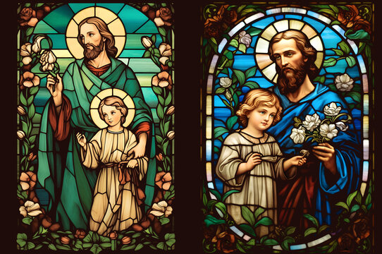 Saint Joseph St. Joseph with Jesus Christ, the Patron Saint of the Catholic Church. San Jose. Generative ai. Stained Glass