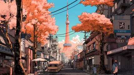 Foto op Plexiglas Aquarelschilderij wolkenkrabber Illustration of beautiful view of the city of Tokyo, Japan