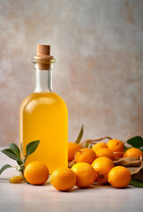 Kumquat liqueur with kumquat on light background. Greek kumquat tincture. Generative AI
