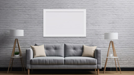 A living room with a gray couch and lamp. Generative AI. Poster s mockup.