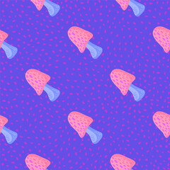 Magical fly agaric wallpaper. Seamless pattern with fairytail mushrooms.