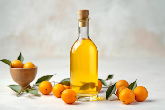 Kumquat liqueur with kumquat on light background. Greek kumquat tincture. Generative AI