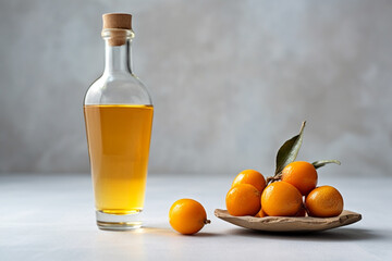 Kumquat liqueur with kumquat on light background. Greek kumquat tincture. Generative AI